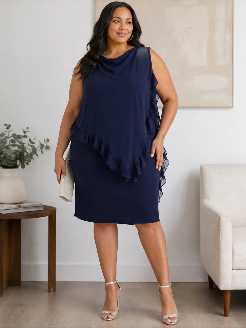 Xscape Navy Ruffle-Overlay Midi Dress